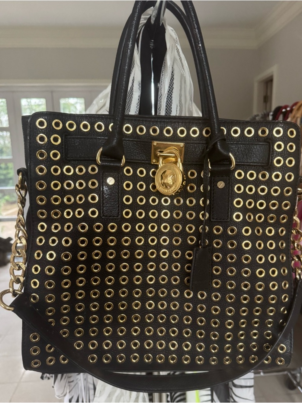 Michael Kors Black Leather Satchel with Gold Grommet Accents